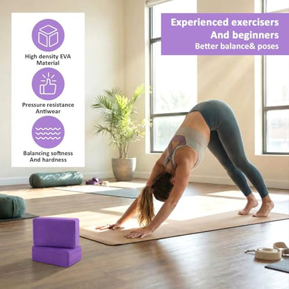 4 Pack High Density EVA Foam Yoga Blocks (9"x6"x3") - Non-Slip Lightweight Pilates Equipment for Stretching, Meditation & Balance Support (Purple)