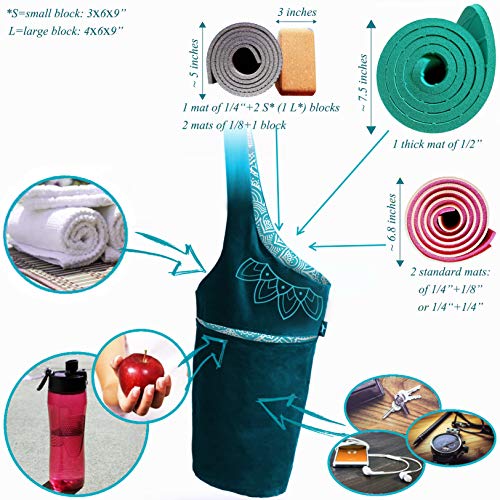 Yoga Mat Bag & Carrier with Pockets for Women | Holds yoga & pilates mats up to 72 in, Fits thick mats, Water bottle & zip pockets, 2 mat straps included, Gift-boxed - color: Teal 2 Tone