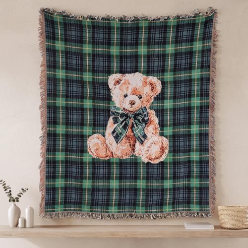 Moukeren 60 x 50 Inch Tartan Plaid Bear Baby Woven Tapestry Throw Blanket Green Blue Scottish Tartan Throw Blanket with for Office Bed Living Room Bedroom Sofa Chair Couch Crib - style: Tartan Plaid Bear Baby