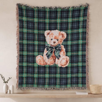 Moukeren 60 x 50 Inch Tartan Plaid Bear Baby Woven Tapestry Throw Blanket Green Blue Scottish Tartan Throw Blanket with for Office Bed Living Room Bedroom Sofa Chair Couch Crib - style: Tartan Plaid Bear Baby