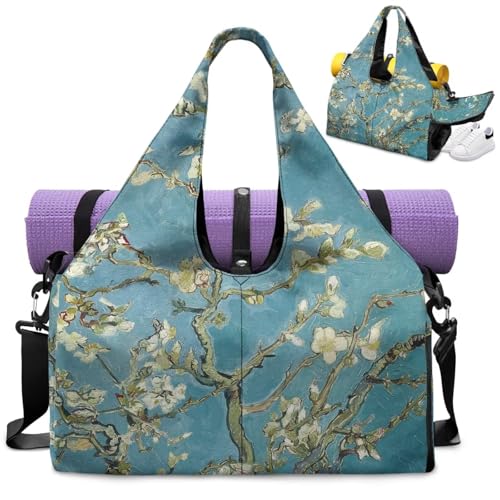 Yoga Gym Bag with Removable Adjustable Shoulder Strap, Shoe Compartment & Top Yoga Mat Holder 17.72x8.66x9.84in - color: Almond Blossom Tree Print