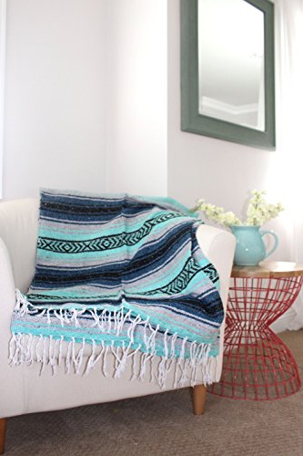 Del Mex Classic Mexican Blanket, Large Authentic Woven Falsa Throw (70"x50"), Artisan Southwest Décor for Beach, Yoga, Outdoors (Navy/Mint) - color: Navy/Mint