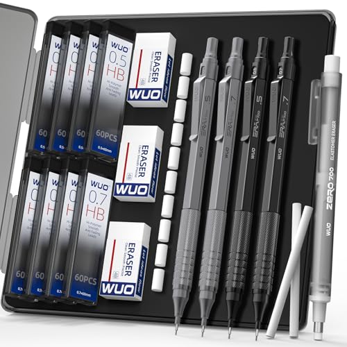 WUO Mechanical Pencil Set, 4 Pack 0.5mm & 0.7mm Metal Drafting Pencils | Mechanical pencils with 480 HB leads, eraser pen, 4B erasers, case for technical drawing, sketching, writing & school - color: Black+Grey