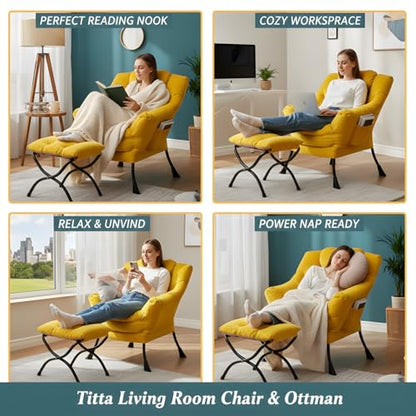 Tiita Lazy Chair with Ottoman, Comfy Reading Accent Chair, Velvet Yellow - color: Yellow