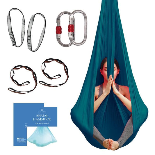 Aerial Yoga Hammock Swing, 4.5 Yards, Aerial Silks with Hardware | Knitted fabric with extension straps and a pose guide for aerial yoga, home gym and studio practice, suitable for all levels - color: Teal, size: 4.5 yards