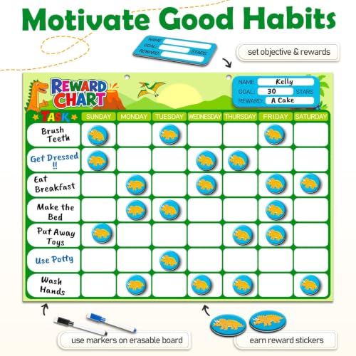 Magnetic Reward Chart for Kids, Customizable Dry Erase Weekly Chore Chart - size: 1 Kid-Dinosaurs
