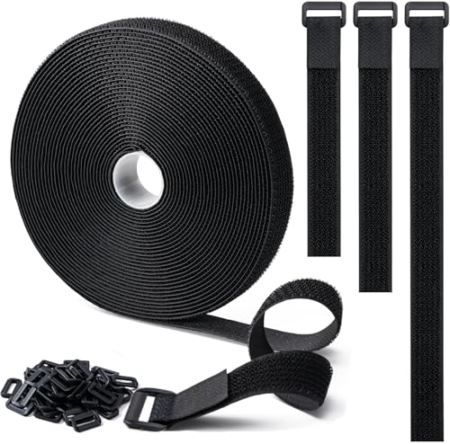 1" x32Ft Hook and Loop Straps with 50 Plastic Buckles, Adjustable Fastening Cable Straps, Free Cut Length, Reusable Nylon Cable Ties for Organizer or Storage, Black - color: Black, size: 1"×32ft Plastic Buckle