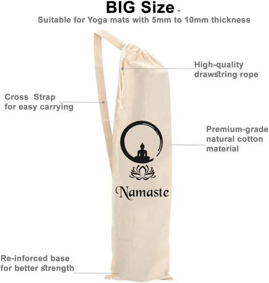 Mayatra's Organic Large Yoga Mat Tote Bag Cover -100% Cotton Lightweight,Washable Yoga Dust Bag With Adjustable Strap Unisex - color: Namaste
