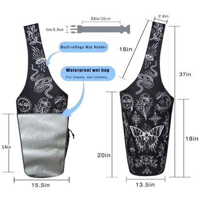 Yoga Mat Bag - Large Opening Long Tote Yoga Mat Carrier Holder Bag with Waterproof Wet Zipper Pocket and Drawstring Water Bottle Pocket - Yoga Bag Fit Most Size Mats - color: Boho Witchcraft