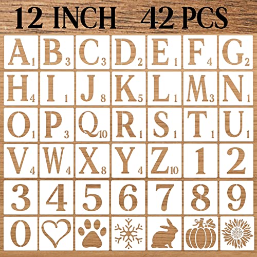 12 Inch Letter Stencils Numbers Craft Stencils, 42 Pcs Reusable Plastic Alphabet Drawing Templates for Painting on Wood, Wall, Fabric, Rock, Signage, Door Porch, DIY Art Projects - size: 12 Inch