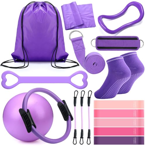 RoundFunny Pilates Ring Circle Set 18 Pcs Exercise Equipment Accessories for Women Workouts Pilates Ball Stretching Strap Magic Circle Yoga Ring Gym Back Bag Resistance Band Anti Slip Socks - color: Purple