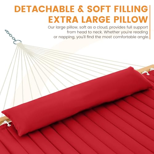 Lazy Daze 12 FT Double Hammock with Spreader Bar for Outside, Burgundy | 2 Person Heavy Duty Hammock with Detachable Pillow and Carabiners for Outdoor Backyard Poolside, 450lbs Weight Capacity - color: Burgundy