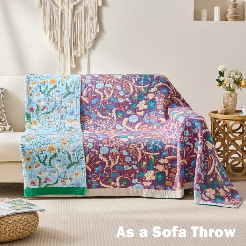VANJOROY Boho Throw Blanket, 100% Organic Cotton Breathable Skin-Friendly Ultra Soft 50" x 60" Bed Quilt Blue Throw - Floral Rustic Luxury Reversible Blanket for Sofa Couch Chair and Gift, - color: Boho-flower-j-blue, size: Throw (50" X 60")