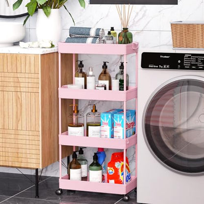 SPACEKEEPER 4 Tier Rolling Cart, Bathroom Cart Organizer with Wheels, Pink - color: Pink, size: 4 Tier