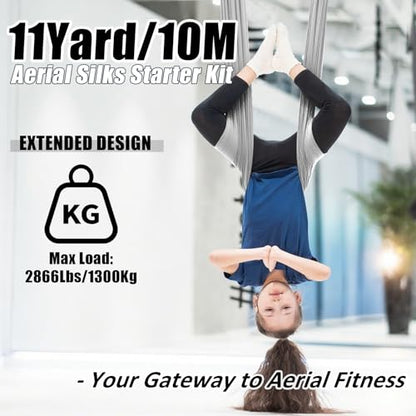 Aerial Silks Kit & Aerial Yoga Hammock - 11Yd Premium Fabric with Hardware | Easy Setup for Flying Yoga, Aerial Swing & Fitness - Supports Up to 14ft Rigging(Navy) - color: Silver