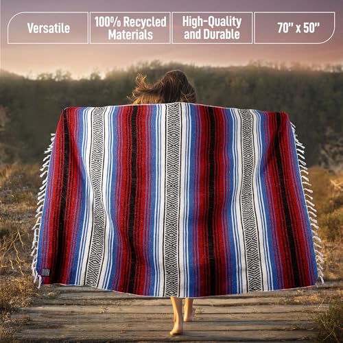 Hydration Nation Authentic Large Handwoven Mexican Striped Throw Blanket - Soft, Durable, Eco-Friendly - 70"x50" - Mariner - color: Mariner