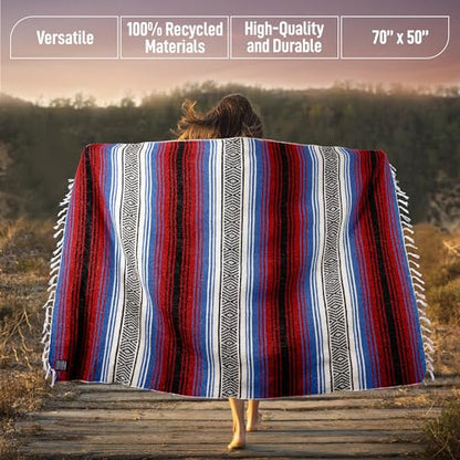 Hydration Nation Authentic Large Handwoven Mexican Striped Throw Blanket - Soft, Durable, Eco-Friendly - 70"x50" - Mariner - color: Mariner