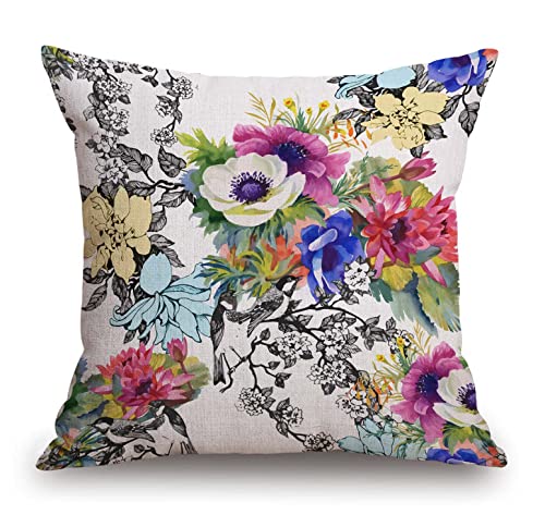 TSSOHU Throw Pillow Cover Vivid Colorful Garden Print Blossoming Wildflowers Birds Leaves Branches Decorative Throw Pillow Case Square 18" x 18" Home Couch Bed Pillowcase - color: Tss54