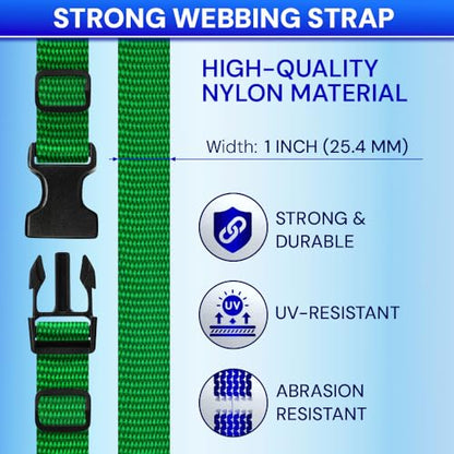 TECEUM 1" Nylon Strap Kit with Buckles, Green 6 yards Repair Set | Heavy duty hardware kit: 6yd webbing, 6 quick release buckles, 12 tri-glide slide clips, 6 metal D-rings for crafting. - color: Green, size: 1" - 6 yards, style: 6 Buckle - 12 Slides - 6 D
