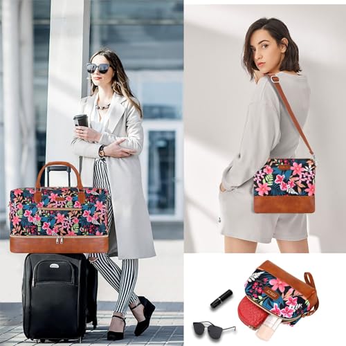 ITIEZY Weekender Bag for Women 21.5" Travel Duffel Large Carry On Bag 3PCS | Nylon Duffel Bag with Waterproof Shoe Compartment, Crossbody Bag and Toiletry Bag, Travel Weekend Hospital Overnight Gym Bag - color: 9-Black Fower