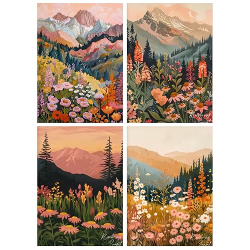 Yeaqee 4 Pcs Diamond Art Kits for Adults Gem Painting Kit DIY Jewel Diamond Art for Beginners Aesthetic Room Crafts Cute Flower Mountain Painting Pictures 5d Craft Wall Decor for Home 10 x 11.8'' - style: Flower Mountain