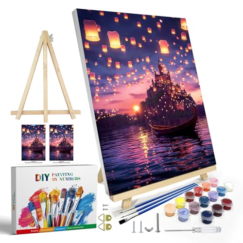 JOOZ Paint by Numbers Kit for Adults with Frame, Castle Paint by Number with Easel, DIY Sunset Boat Easy Paint by Numbers Landscape for Home Wall Decor 8 x 12 Inch - color: Sunset Castle