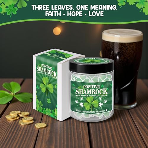 Positive Shamrock Jar, 60 Affirmation Notes, Good Luck Gifts, Irish Gifts | Uplifting Positive Vibes Jar for Home, Office Desk & Daily Encouragement, St Patricks Day Gifts for Women, Friends, Coworkers - color: KAT-Kien- Positive shamrock jar