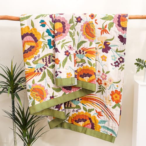 Flower and Bird Boho Throw Blanket for Bed Couch 80"×90" - color: Boho Flower-c, size: 80"x90"