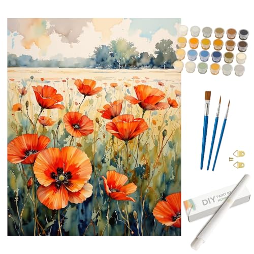 Floral Paint by Numbers Kit for Adults - DIY Orange Poppies in Sunny Field Painting on Rolled Canvas 16x20 Inches, Acrylic Paint Set, Suitable for Beginners, Garden Art for Home Decoration or Gifts - color: HSX01080, size: 16X20IN Rolled