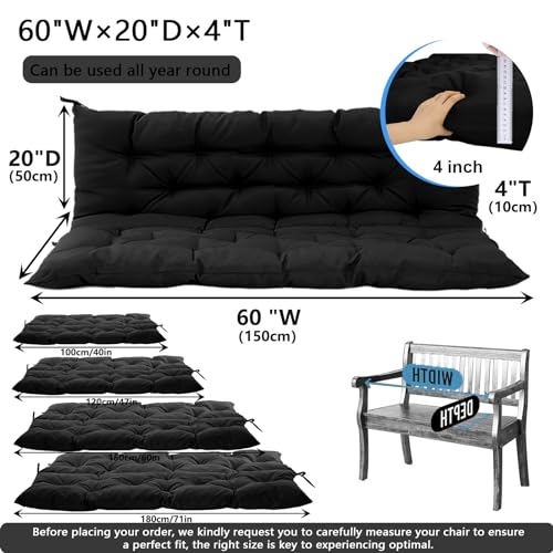 Porch Swing Cushion Three Seat Waterproof, Black, 40x60in - color: Black, size: 40x60in