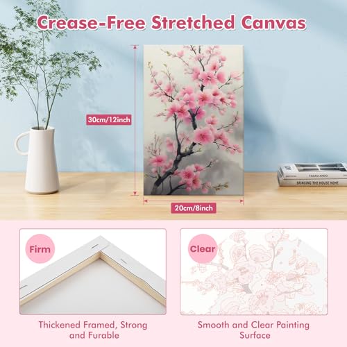 Bowetile Framed Paint by Numbers Flower Kit for Adults, Adults' Paint-by-Number Kits on Canvas, Painting by Numbers Cherry Blossom, Acrylic Number Painting Gifts for Home Wall Decor, 8x12in - color: Cherry Blossom
