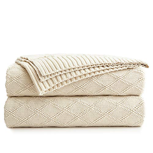 Large Cotton Knit Throw Blanket for Couch Sofa Bed - Home Decorative Soft Cozy Sweater Woven Fall Cable Oversize Knitted Blankets - 3.4 pounds,Cream 60 x 80 Inch - color: Cream, X Pattern, size: 60"x80"