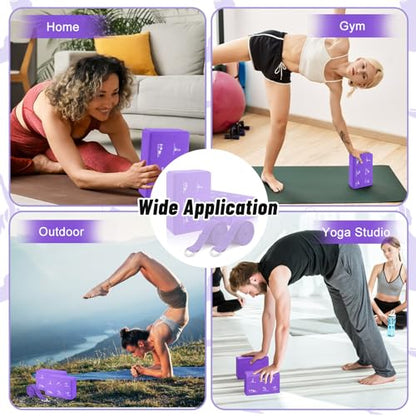 RETON 2 Pack Yoga Blocks and 2 Yoga Straps Set, Soft Non-Slip Yoga Block for Pilates, High Density EVA Foam Yoga Brick with Yoga Strap for General Fitness, Stretching, Improve Strength and Flexibility - color: Purple