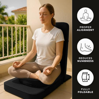 Friends Of Meditation 4-in-1 Folding Buddha Chair – Ergonomic Yoga Seat with Half-Moon Zafu, Detachable Lumbar Support & Carry Case – Black - color: Black