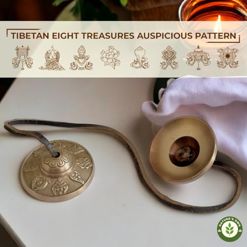 Tibetan Tingsha Bells Cymbals Meditation Chime Bells, 6.3 cm Percussion Instrument, with Cloth Bag, Embossed 8 Lucky Symbols, Ideal for Yoga, Mindfulness, Spiritual Healing, and Sound Therapy