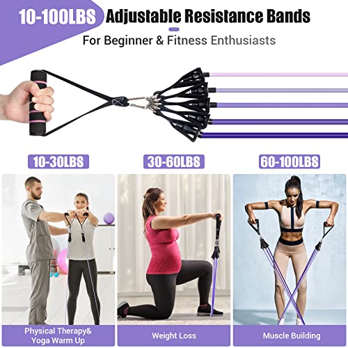 Resistance Bands with Handles for Women, 5 Level Exercise Bands | Workout Bands for Physical Therapy, Yoga, Pilates, Door Anchor, Storage Pouch, Training Poster - color: Purple