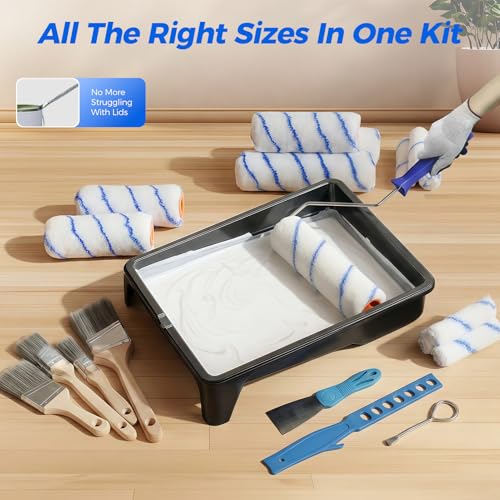 Paint Roller Kit with 3.93Ft Extension Pole for Walls and Ceilings, 30Pcs House Painting Supplies Set with 9”, 6” & 4” Microfiber Rollers,Paint Tray,Liners,Brushes and Gloves for Home Renovation
