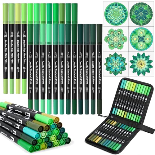Green Dual Tip Brush Pen,Colored Fine & Brush Calligraphy Pens, Dual Tip Green Markers for Adult Coloring Felt Tip Books Drawing Planner Calendar Art Sketch Outlining Sketching Calligraphy - color: Green