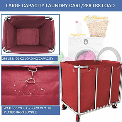 Laundry Cart with Wheels Commercial,400L Large Rolling Laundry Hamper - color: Red - 11.5 Bushels - 8 Tubes