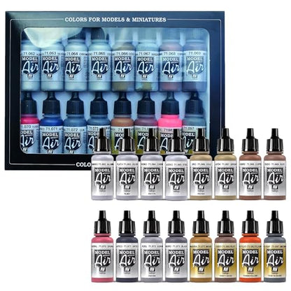 Vallejo Paints: Model Air Color Set - Metallic Effects - 16 Paint Colors - 18ml (.60oz) Bottles, Acrylics for Modeling & Miniatures, Opaque, Hobby