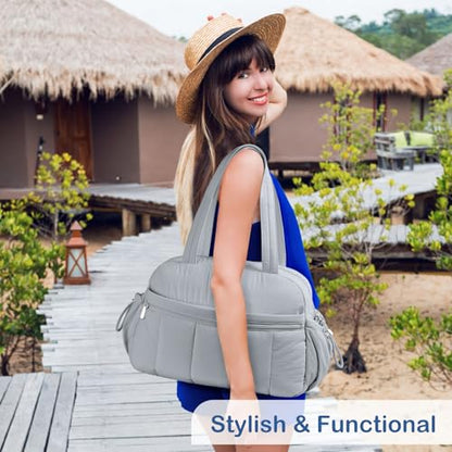 TOPDesign Travel Duffel Bag for Women, Puffer Gym Bag Sports Tote with Wet Pocket, Carry On Weekender with Luggage Sleeve (Light Grey) - color: Light Grey