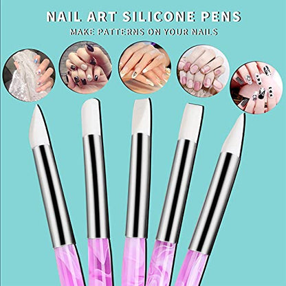 BQAN Silicone Nail Art Pen 5Pc for Sculpting, Drawing & Shaping | Soft Silicone Tips | 3D Sculpting | Chrome Powder | Foil Carving Drawing | Precision Shaping | Gel & Acrylic Nail Art - color: Purple