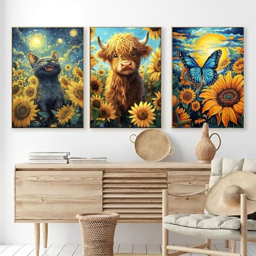 OFRKE Diamond Painting Kits for Adults, 3 Pack Sunflower Animal DIY 5D Diamond Art Kits for Adults Beginners Full Round Drill Diamond Crystal Craft Kits for Home Wall Art Decor Gifts 12x16 inch - color: 3pcs-Sunflower