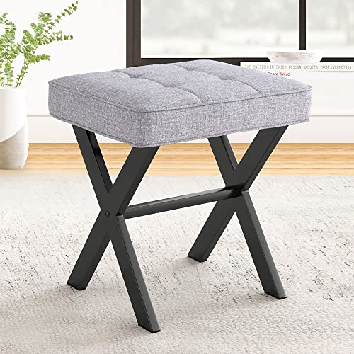 LUE BONA Vanity Stool - Square Linen Makeup Seat With Metal X Legs, Small Ottoman Chair for Makeup Room, Living Room, Bathroom - Modern Padded Foot Rest, Dark Gray - color: Dark Gray