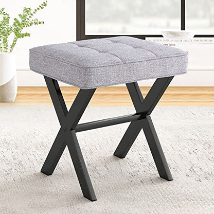LUE BONA Vanity Stool - Square Linen Makeup Seat With Metal X Legs, Small Ottoman Chair for Makeup Room, Living Room, Bathroom - Modern Padded Foot Rest, Dark Gray - color: Dark Gray