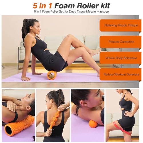 5 in 1 Foam Roller Set - Trigger Point Foam Back Roller, Muscle Roller Stick, Massage Ball, Stretching Band for Deep Muscle Massage Pilates Yoga,Fitness Exercise for Whole Body Release (Orange)
