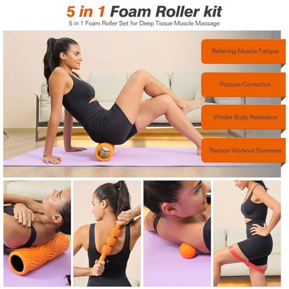 5 in 1 Foam Roller Set - Trigger Point Foam Back Roller, Muscle Roller Stick, Massage Ball, Stretching Band for Deep Muscle Massage Pilates Yoga,Fitness Exercise for Whole Body Release (Orange)