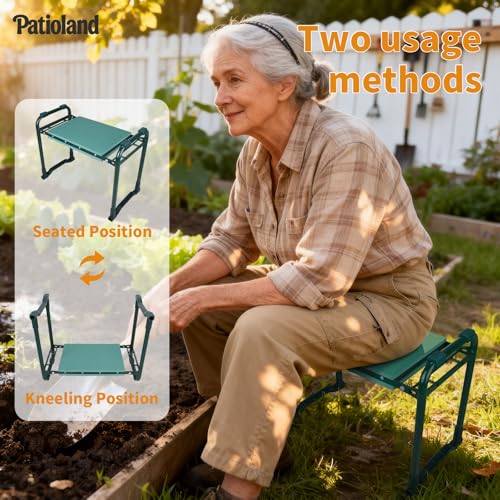 Garden Kneeler and Seat, Gardening Workseat with Tool Pouch and HandBag - color: Green-modle C