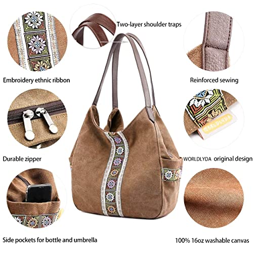 Worldlyda Women Canvas Hobo Purse Multi Pocket Tote Shopper Shoulder Bag Casual Top Handle handbag with Embroidery Ethnic - color: Brown 3