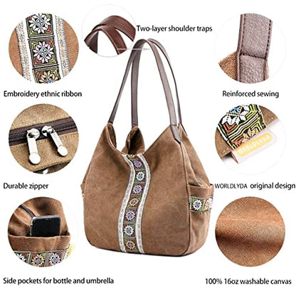 Worldlyda Women Canvas Hobo Purse Multi Pocket Tote Shopper Shoulder Bag Casual Top Handle handbag with Embroidery Ethnic - color: Brown 3